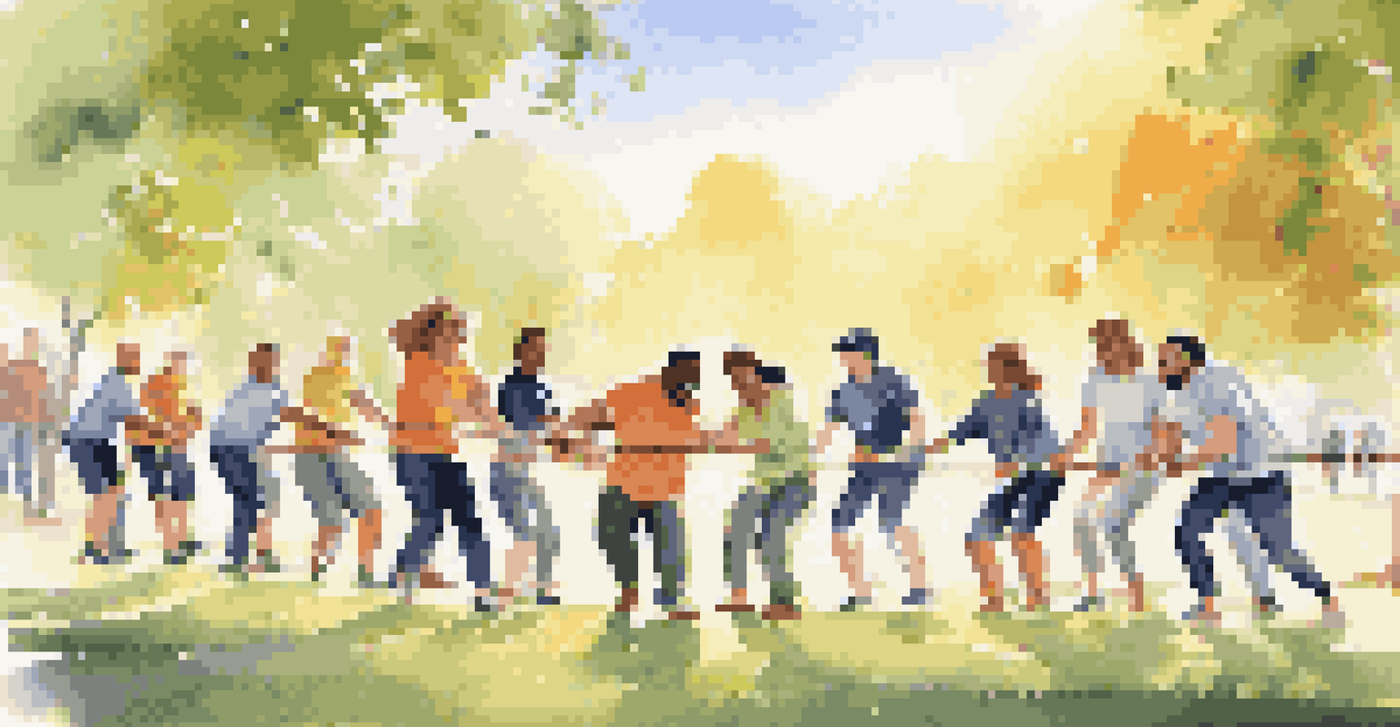 Employees participating in an outdoor team-building tug-of-war game in a sunny park.