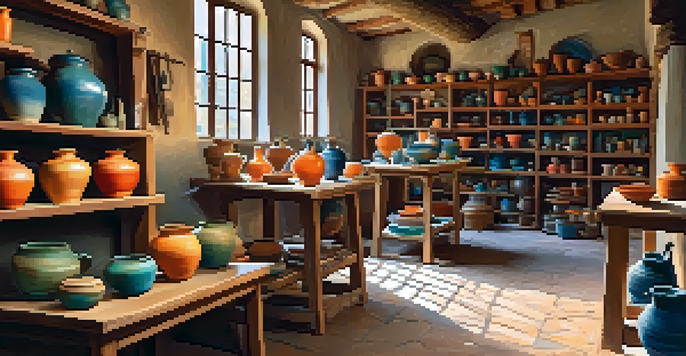An artisan craftsman working in a colorful pottery workshop in Italy, with shelves of handmade pots and natural light illuminating the space.