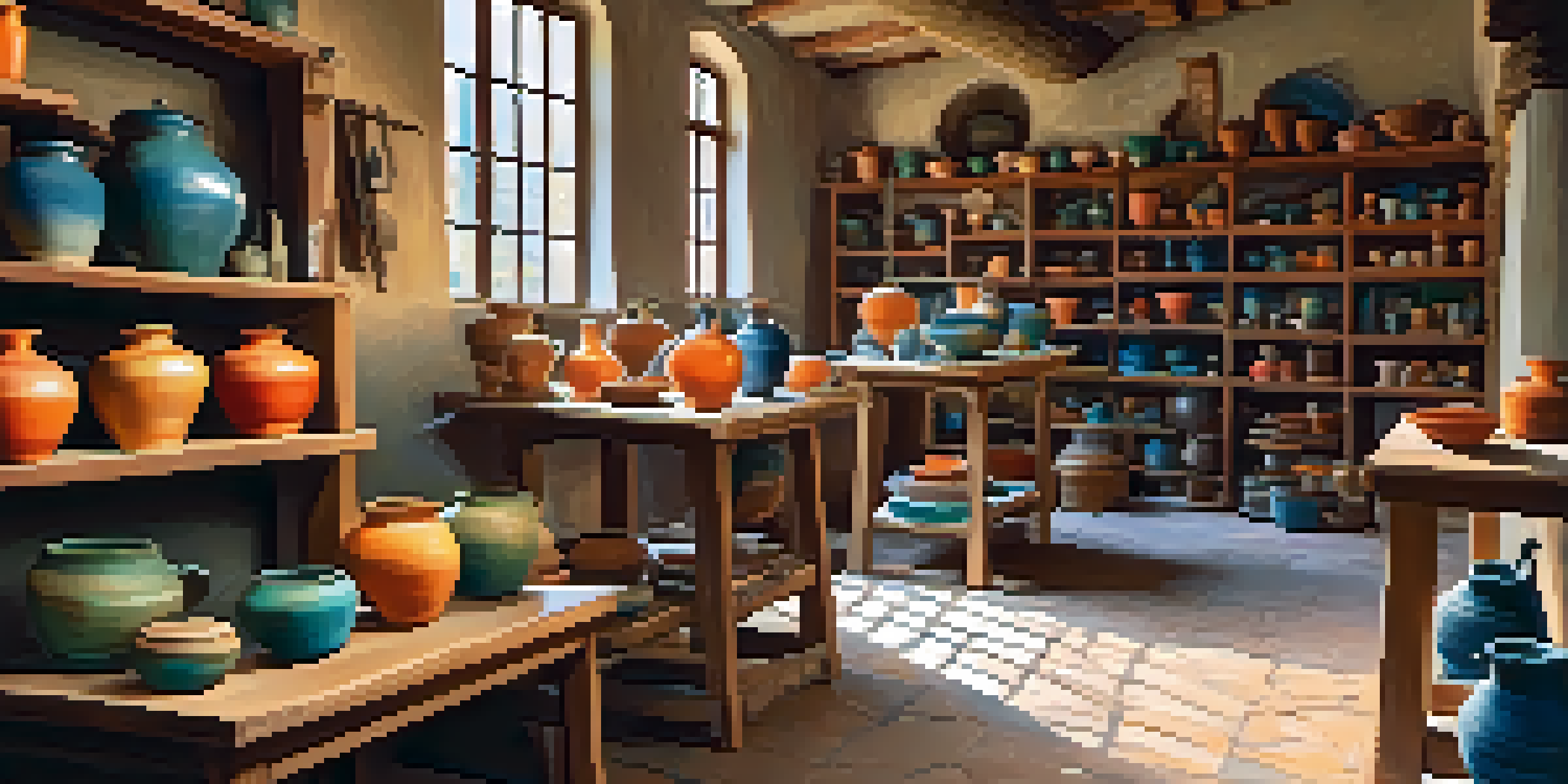 An artisan craftsman working in a colorful pottery workshop in Italy, with shelves of handmade pots and natural light illuminating the space.