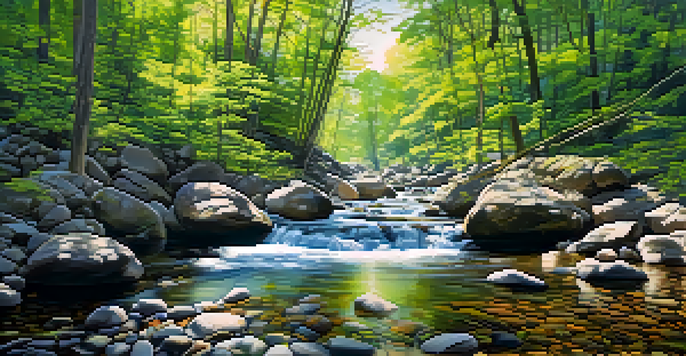 A peaceful forest scene with sunlight shining through the trees and a stream flowing over stones.