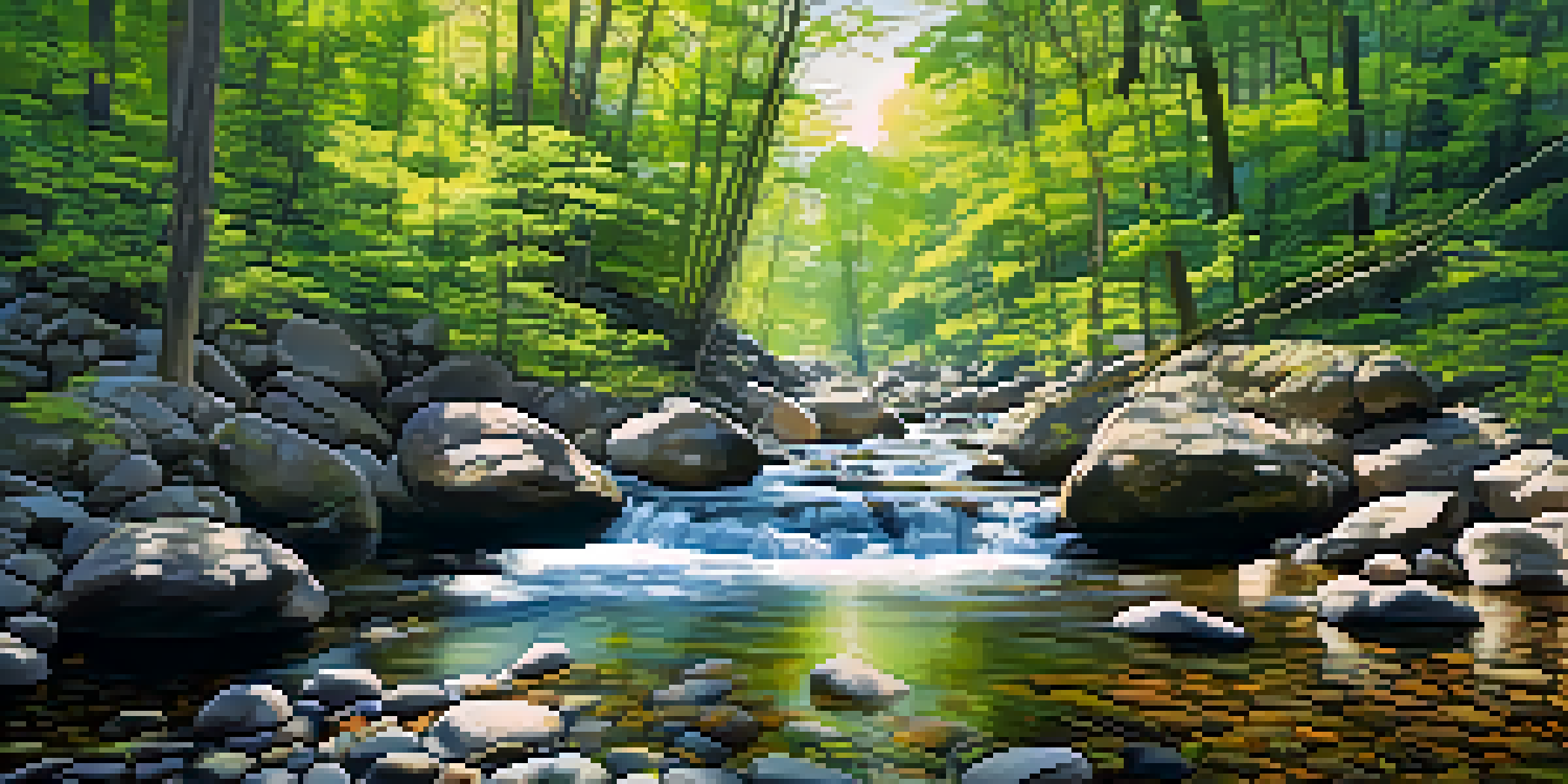 A peaceful forest scene with sunlight shining through the trees and a stream flowing over stones.