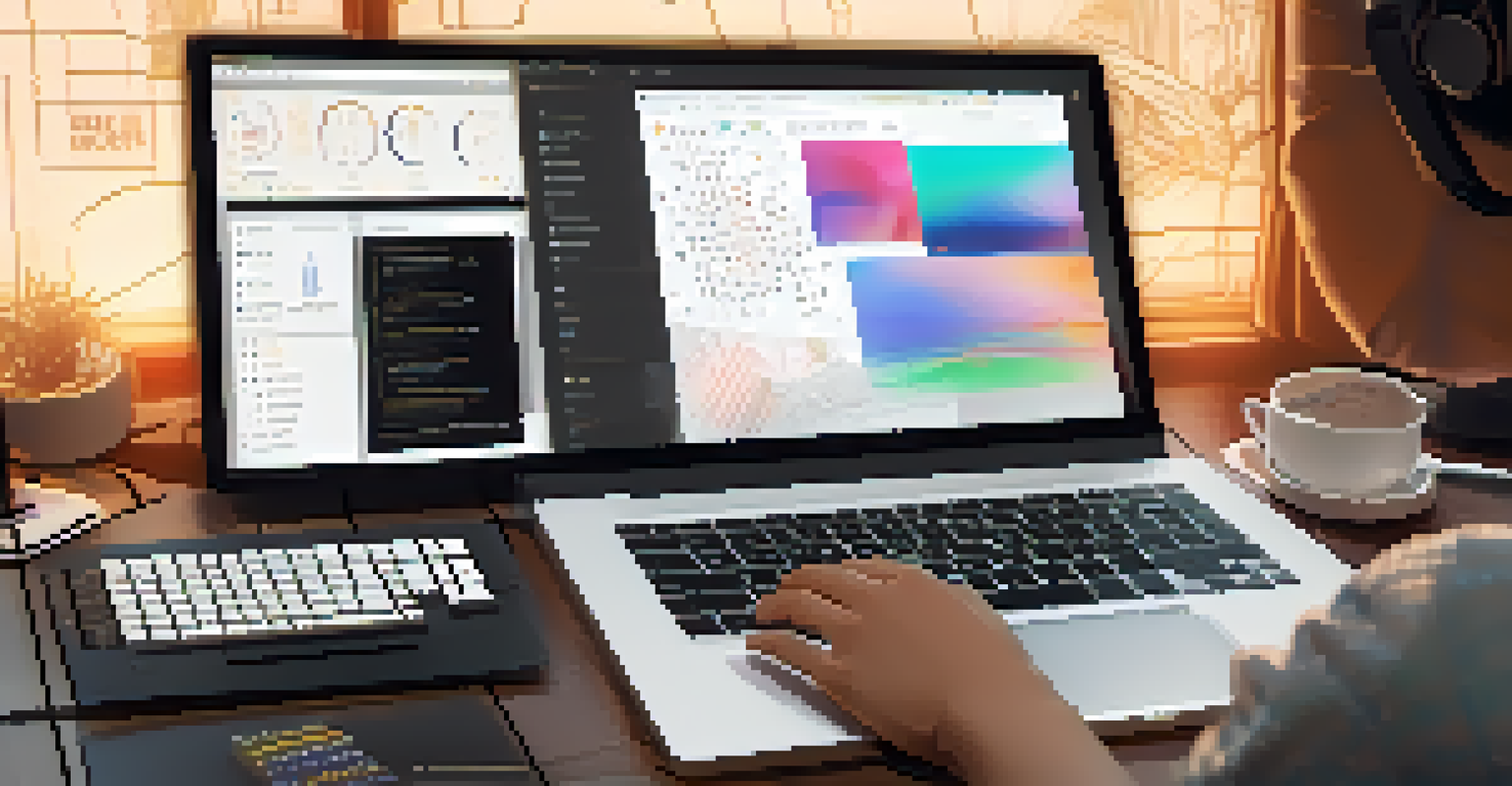Close-up of hands typing on a laptop showing data sets, with a cozy workspace in the background illuminated by warm light.