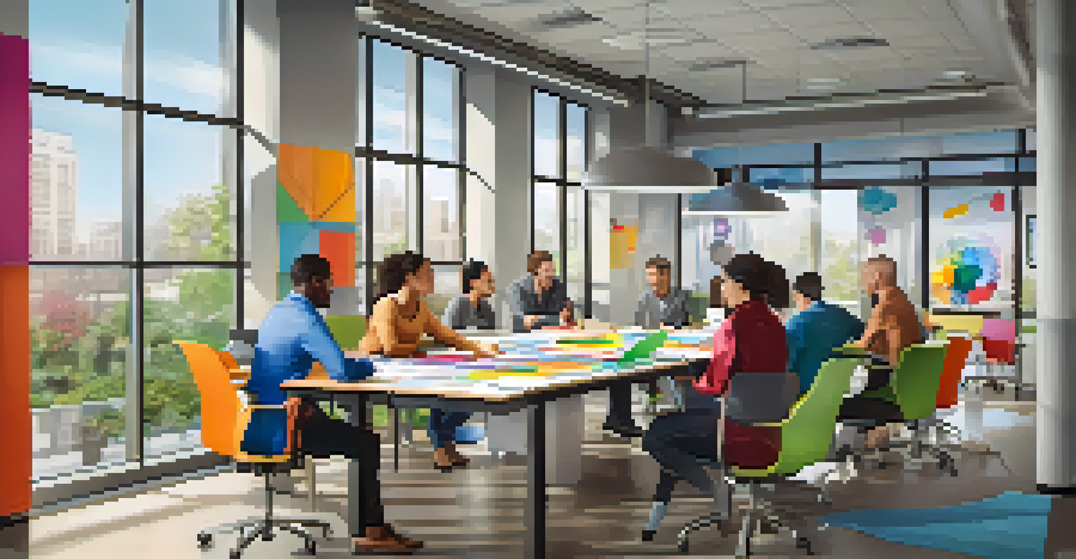 Employees collaborating on a community service project in a bright and modern office space.