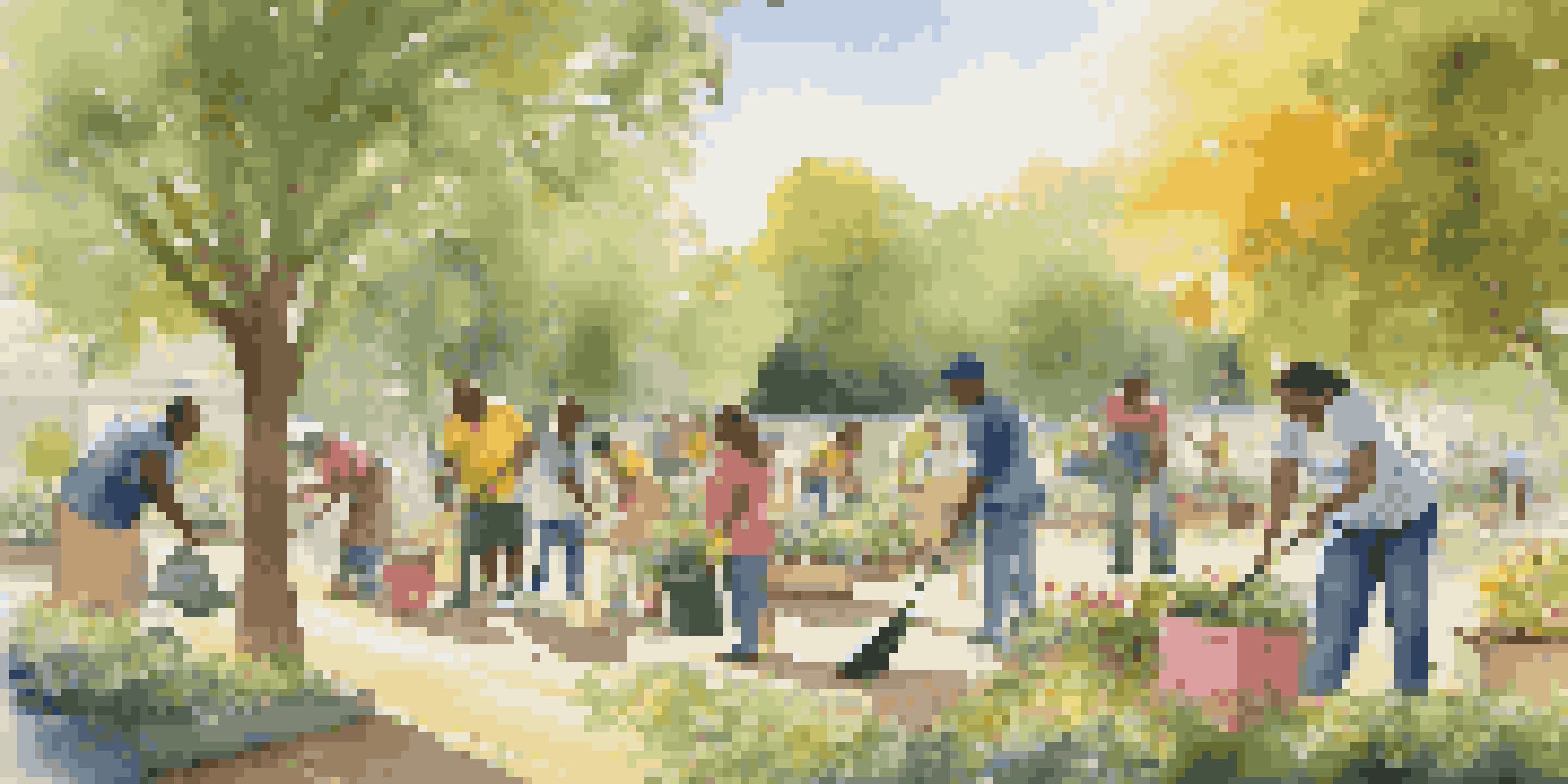 A diverse group of people participating in a community clean-up in a sunny park, surrounded by trees and flowers.