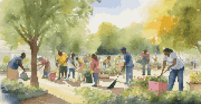 A diverse group of people participating in a community clean-up in a sunny park, surrounded by trees and flowers.