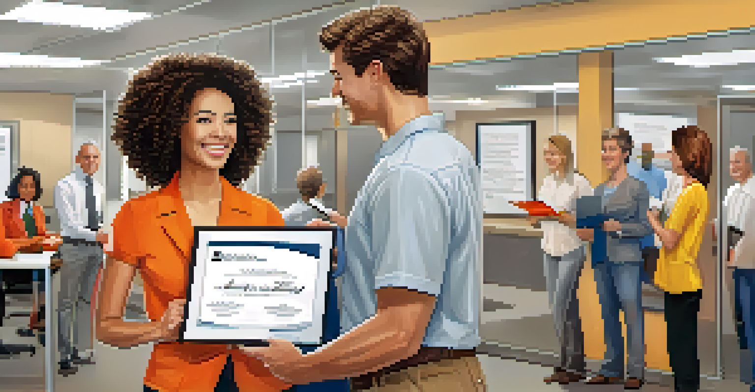 A young woman proudly receiving a certificate of completion from an older man in a bright office setting.