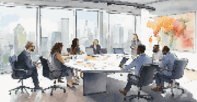 A diverse group of professionals in a bright conference room, discussing strategies with laptops and documents on the table.