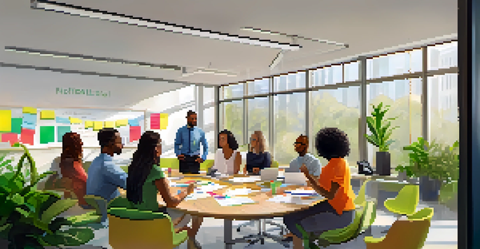 A diverse group of employees engaged in a peer coaching session in a bright office, with a circle of chairs, sticky notes, and a whiteboard.