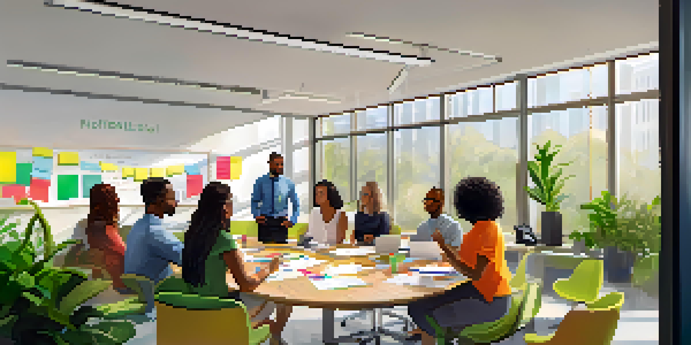 A diverse group of employees engaged in a peer coaching session in a bright office, with a circle of chairs, sticky notes, and a whiteboard.