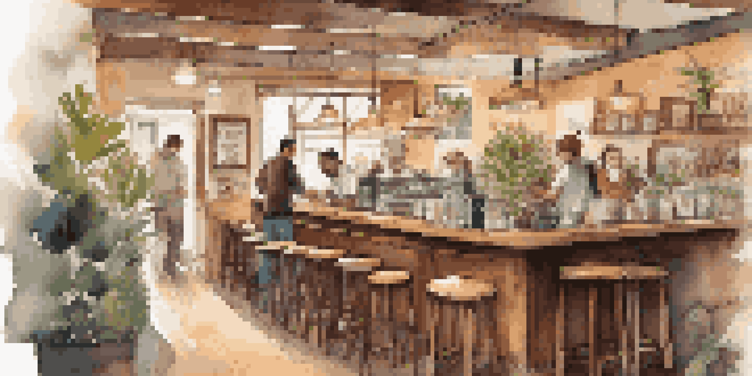 A warm and inviting coffee shop with wooden furniture and a barista at work.