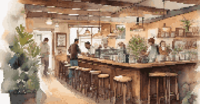 A warm and inviting coffee shop with wooden furniture and a barista at work.