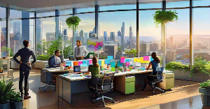A diverse team collaborating in a bright modern office with a city skyline view, surrounded by laptops and colorful sticky notes.