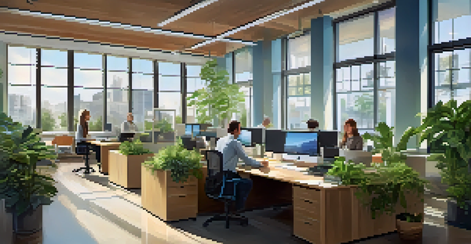 A diverse group of employees working together in a modern office filled with natural light and plants.