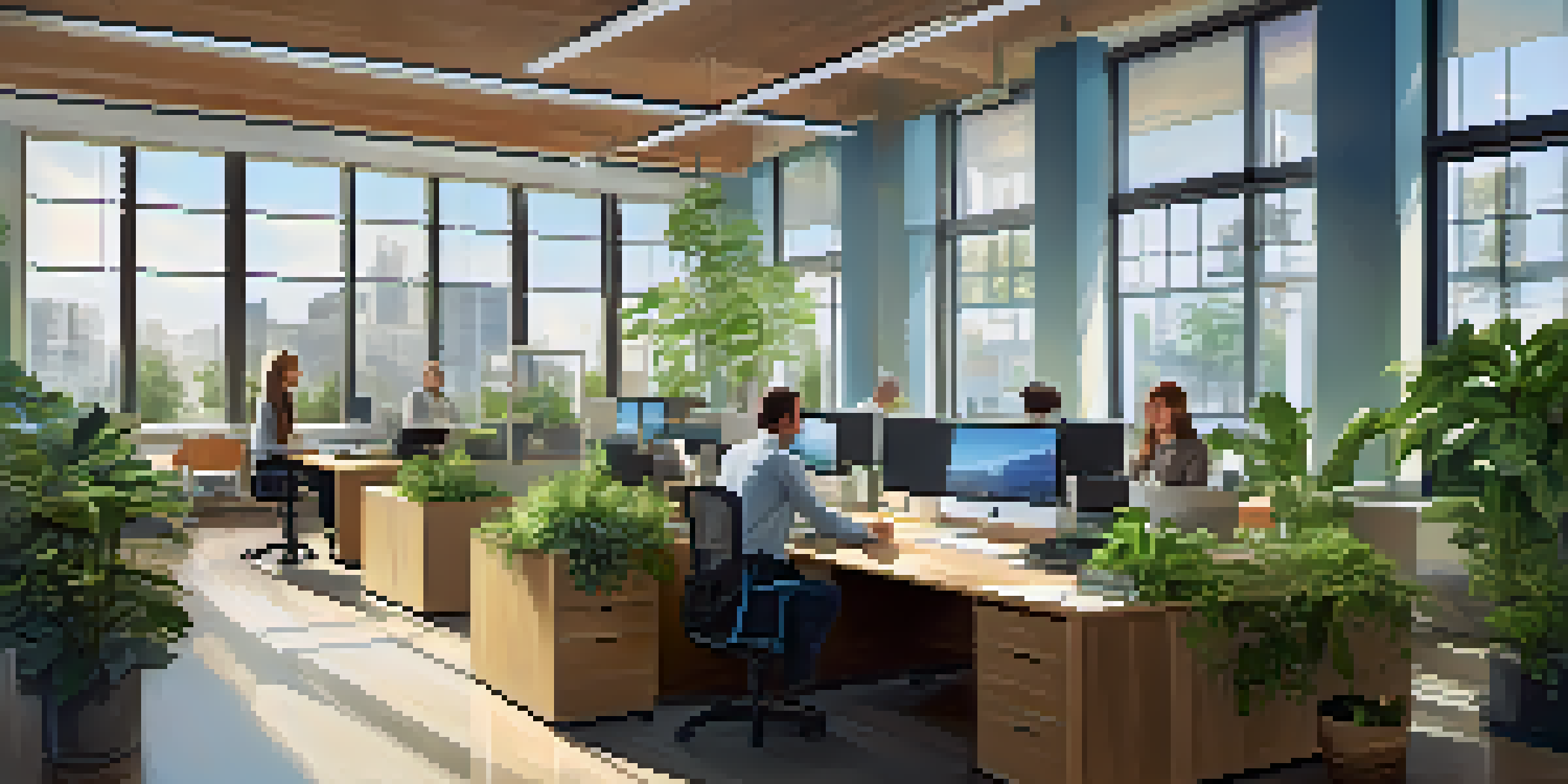 A diverse group of employees working together in a modern office filled with natural light and plants.