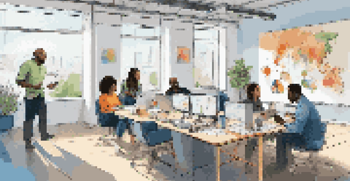 A diverse team in a bright office brainstorming with a whiteboard full of colorful notes.