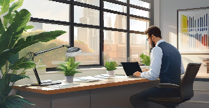 A business owner in a modern office reviewing intellectual property documents with a laptop and plants in the background.