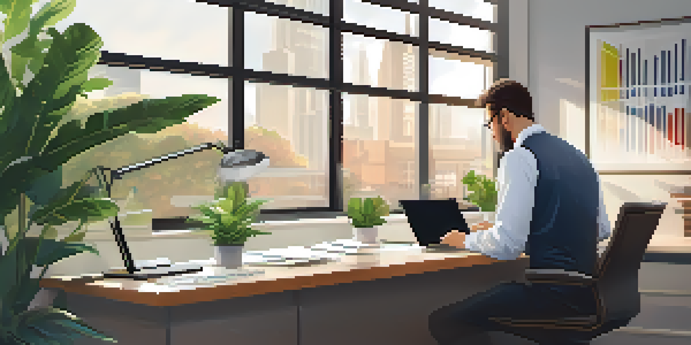 A business owner in a modern office reviewing intellectual property documents with a laptop and plants in the background.