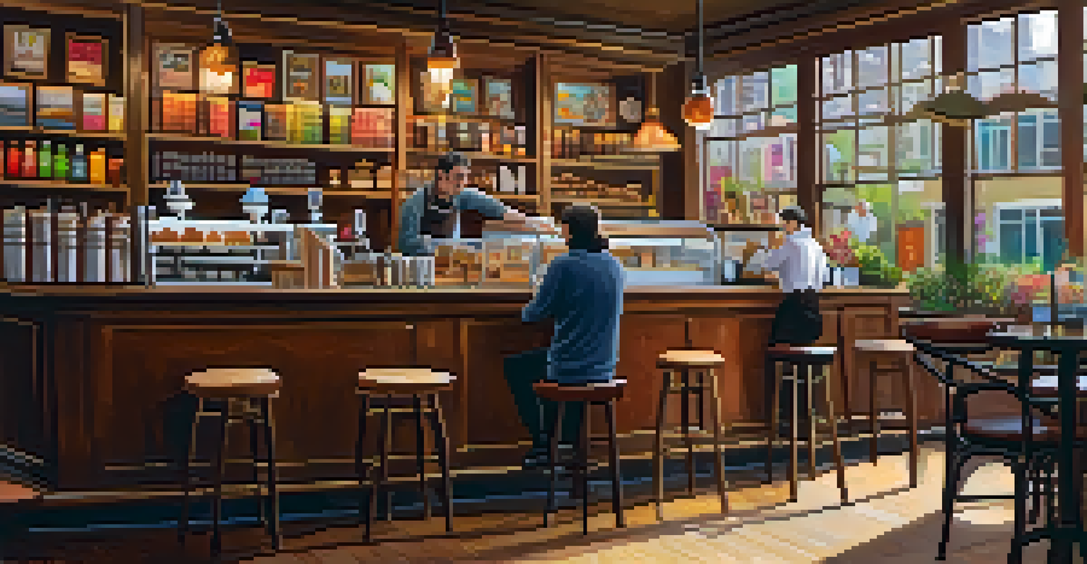 A warm coffee shop interior with a barista and customers enjoying drinks.