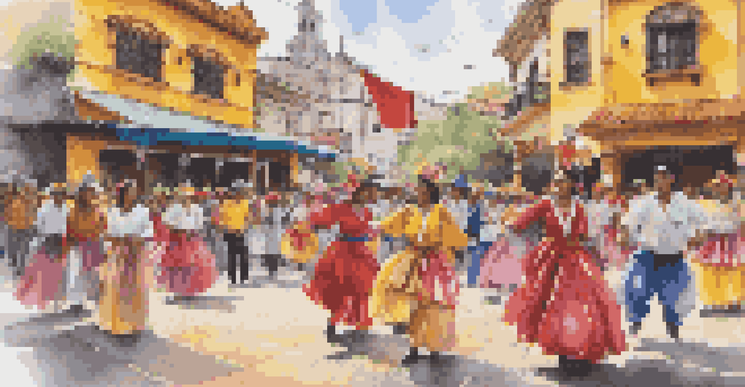 A lively urban plaza in Colombia with traditional dancers in colorful costumes, street art, and food stalls, showcasing the country's cultural diversity.