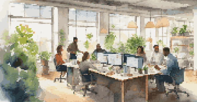 A diverse group of employees working together in a bright office space filled with plants and natural light.