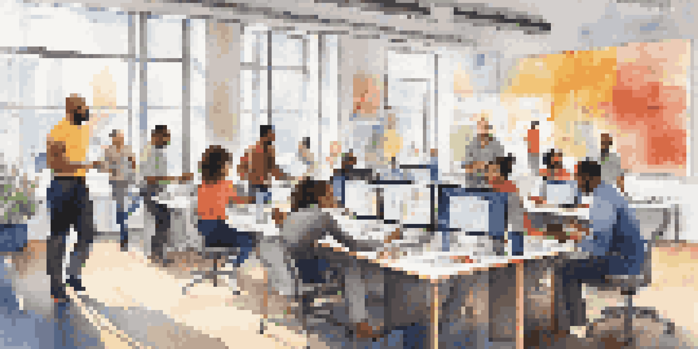 A diverse group of employees participating in a lively training session in a bright office with large windows and colorful posters.