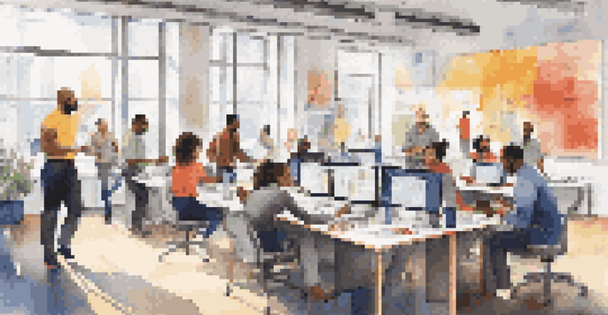 A diverse group of employees participating in a lively training session in a bright office with large windows and colorful posters.