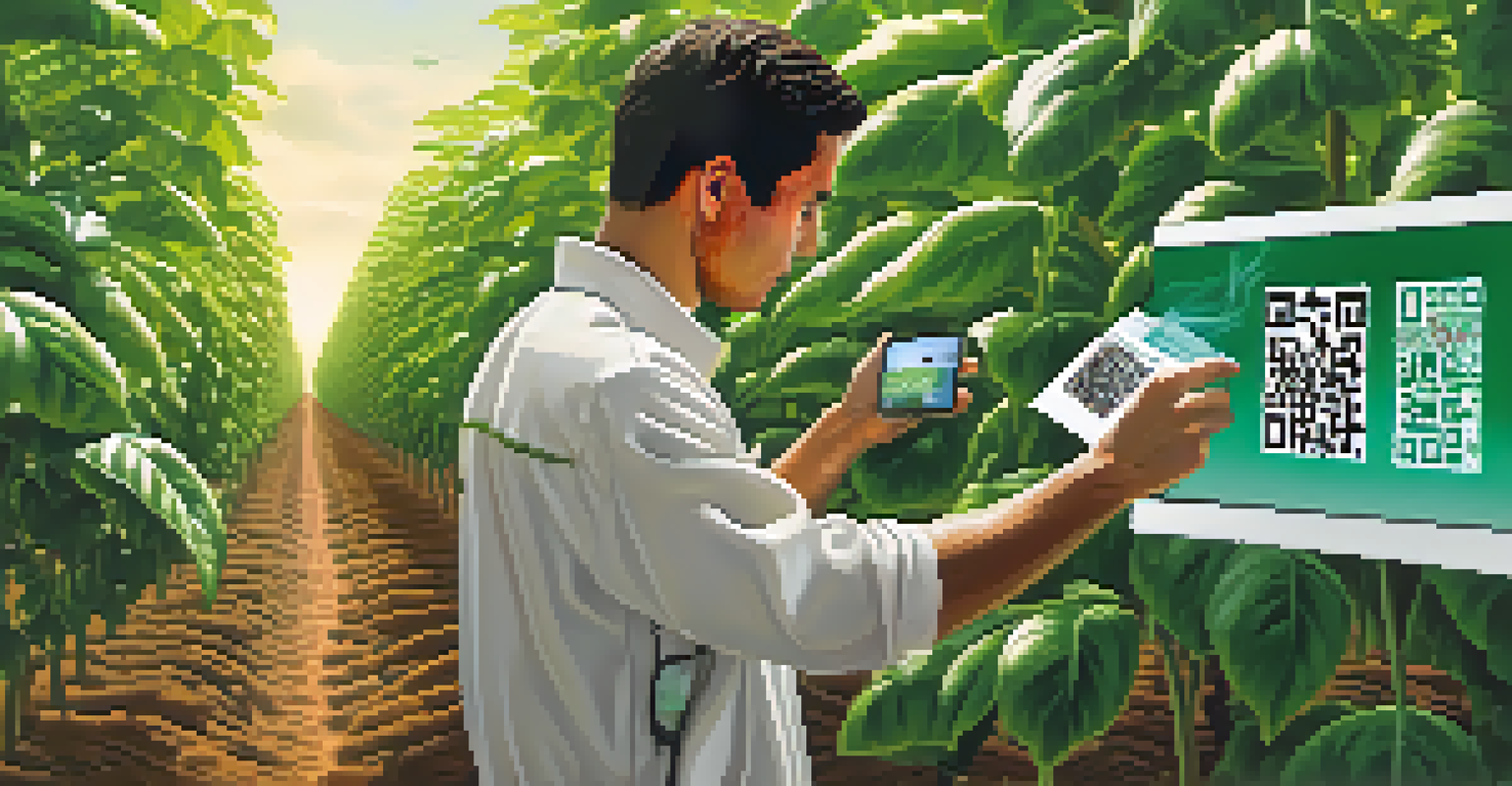 A farmer scanning a QR code on a coffee plant with digital data overlay in a sunny farm.