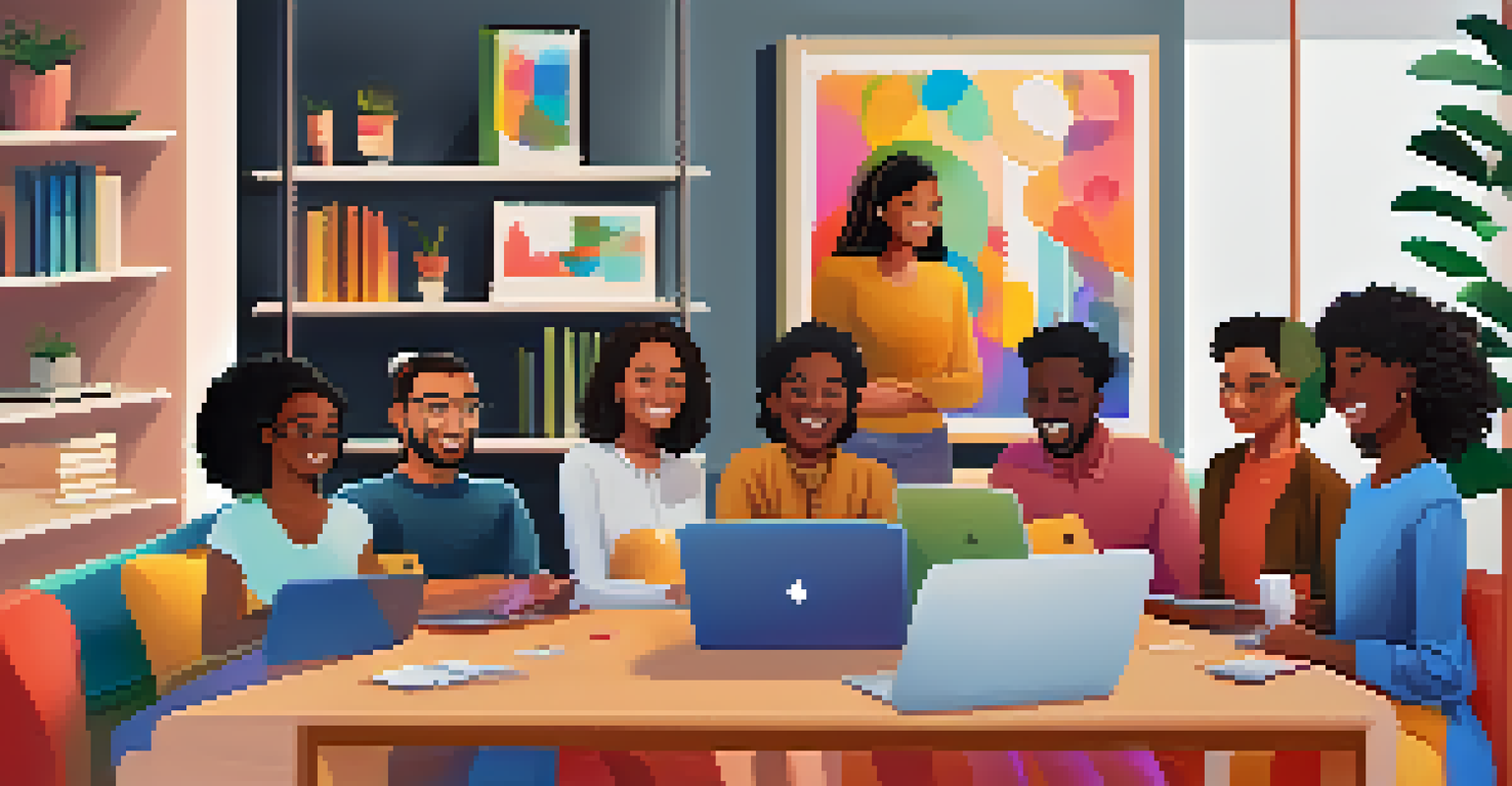 A laptop screen displaying a virtual team meeting with smiling participants in a vibrant living room setting.