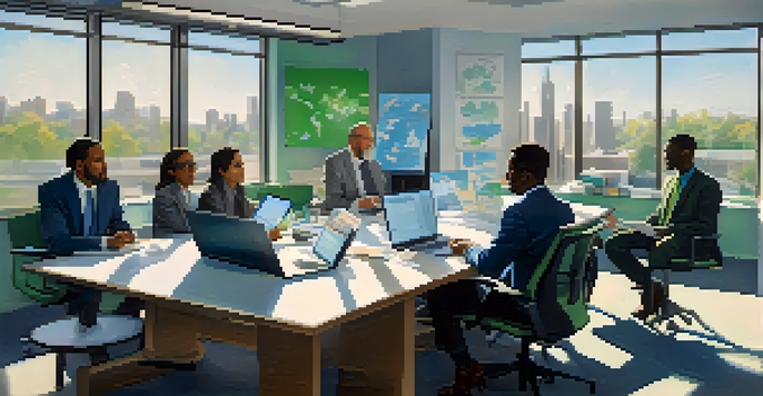 A diverse team in a bright office discussing a crisis communication plan with charts and laptops.