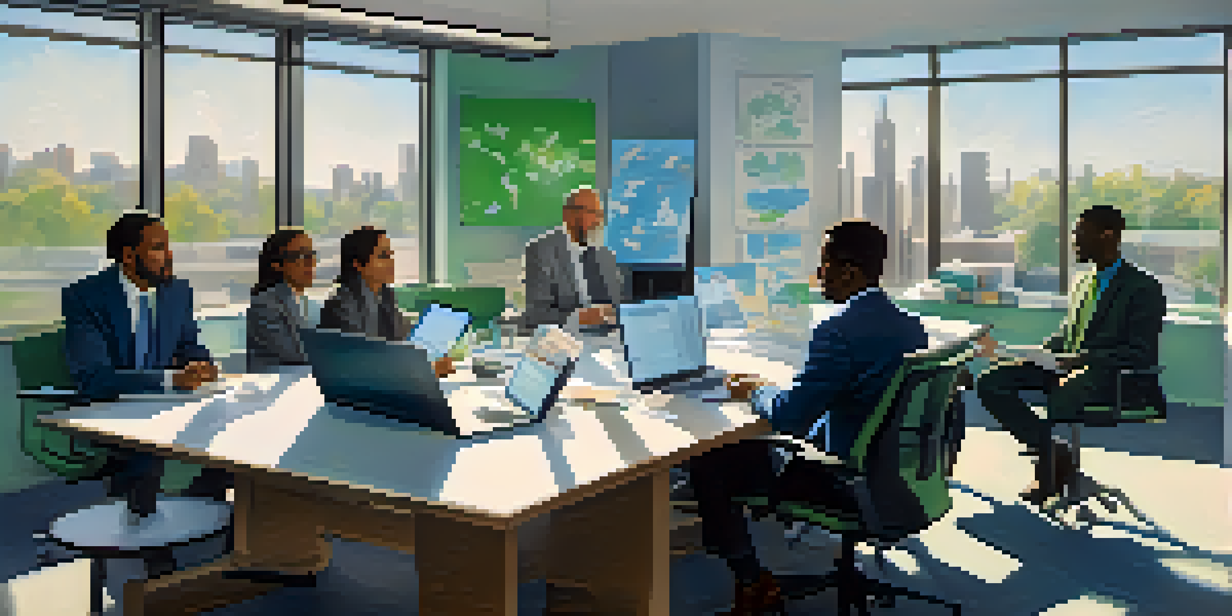 A diverse team in a bright office discussing a crisis communication plan with charts and laptops.