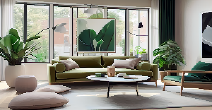 A modern living room with a smartphone displaying augmented reality furniture, featuring a stylish sofa and coffee table, illuminated by natural light.