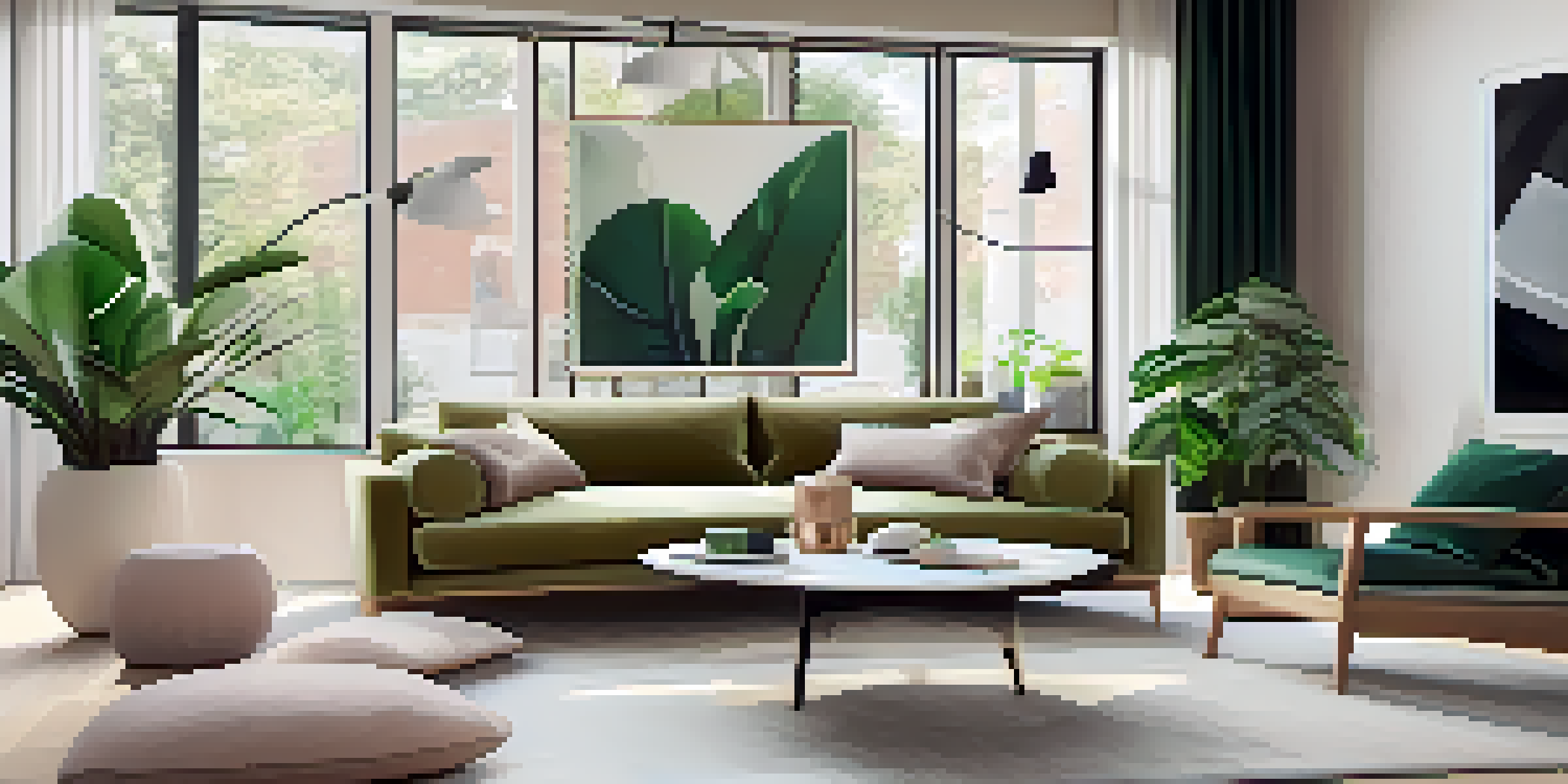 A modern living room with a smartphone displaying augmented reality furniture, featuring a stylish sofa and coffee table, illuminated by natural light.