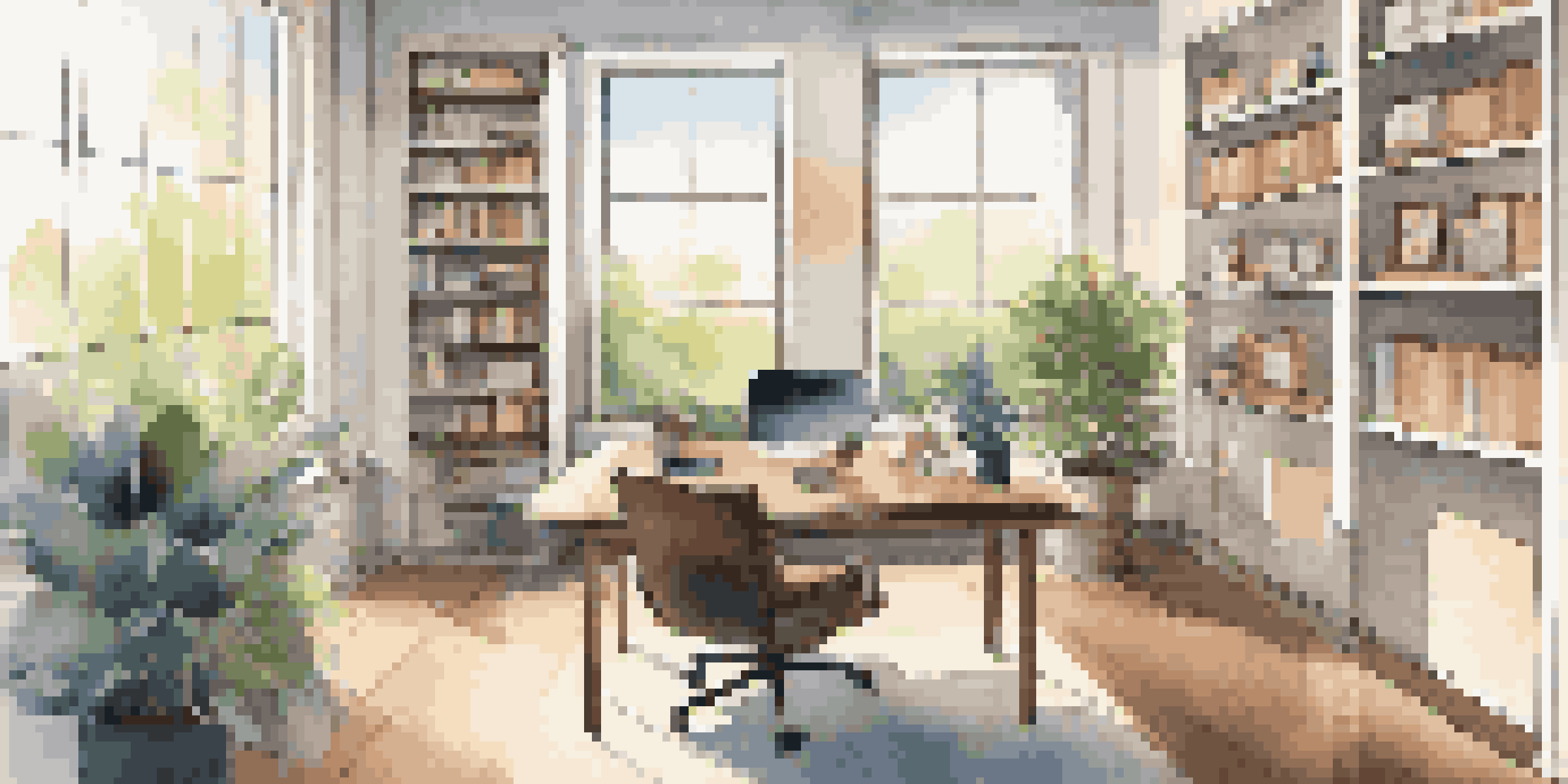 A bright and modern office space with a desk, laptop, and a comfortable seating area, highlighting a hybrid work environment.