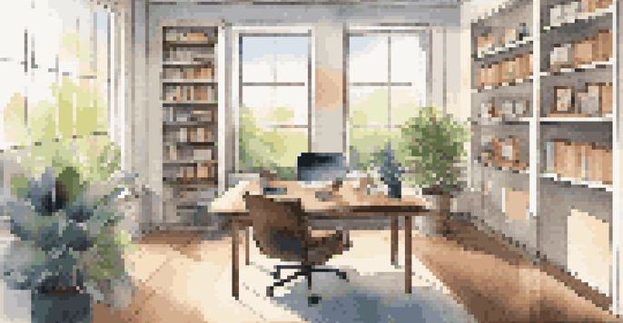 A bright and modern office space with a desk, laptop, and a comfortable seating area, highlighting a hybrid work environment.