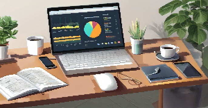 A professional office desk with a computer screen showing e-commerce analytics and a tidy workspace with a notepad and coffee mug.