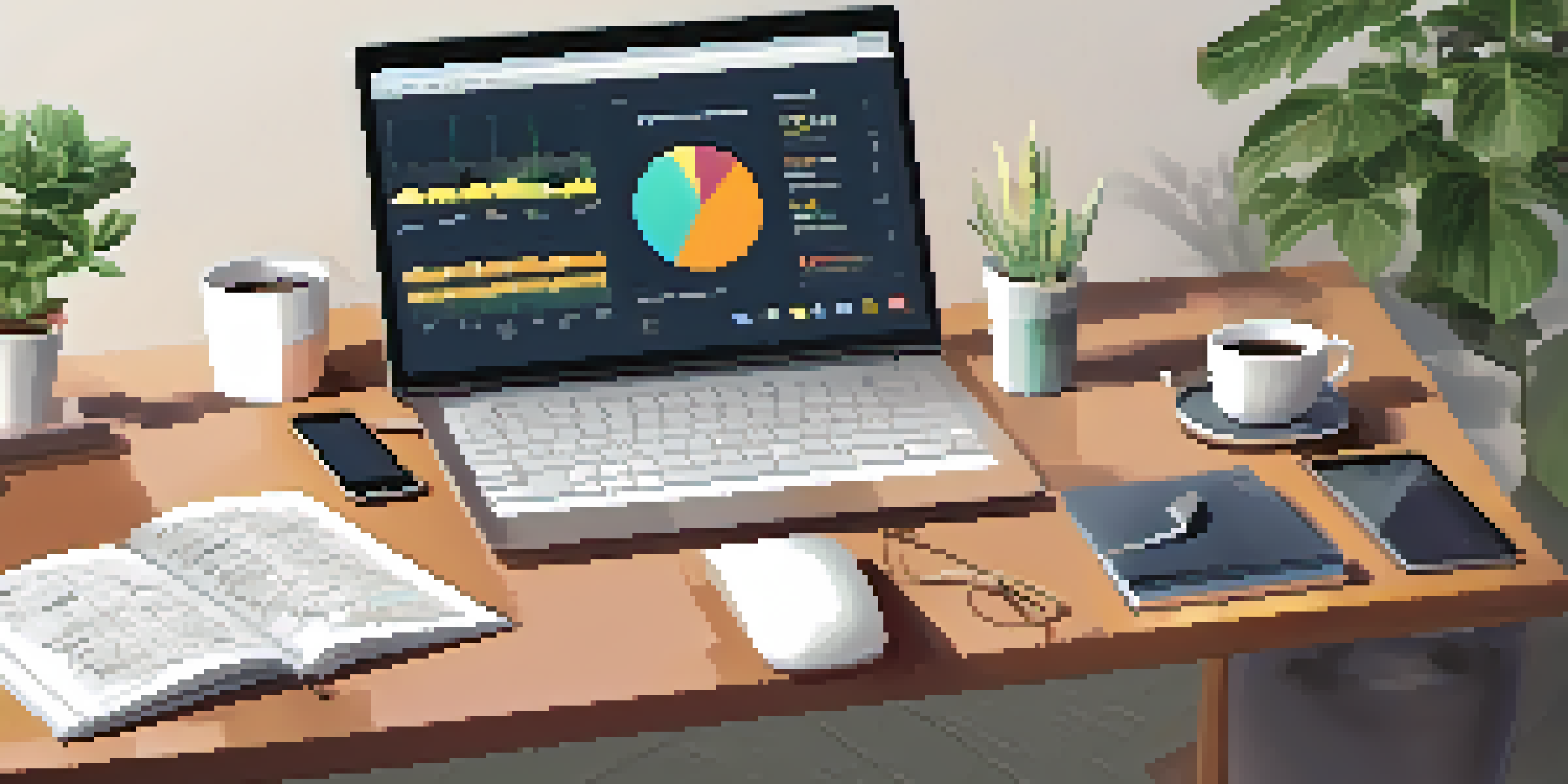 A professional office desk with a computer screen showing e-commerce analytics and a tidy workspace with a notepad and coffee mug.