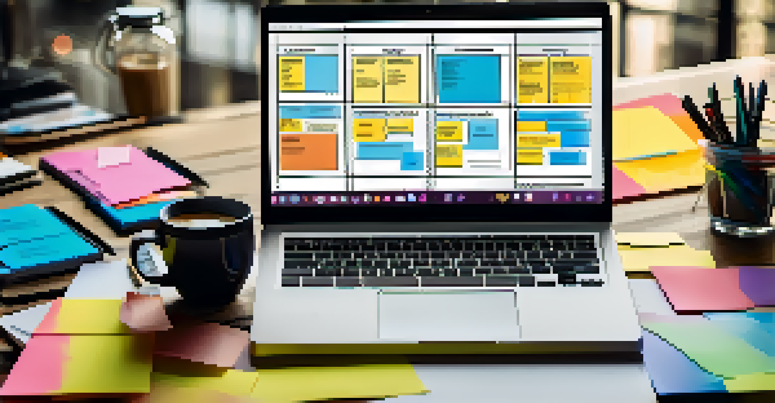 A Business Model Canvas on a table surrounded by notebooks, pens, and a laptop, with colorful sticky notes and a coffee cup, showcasing a productive workspace.