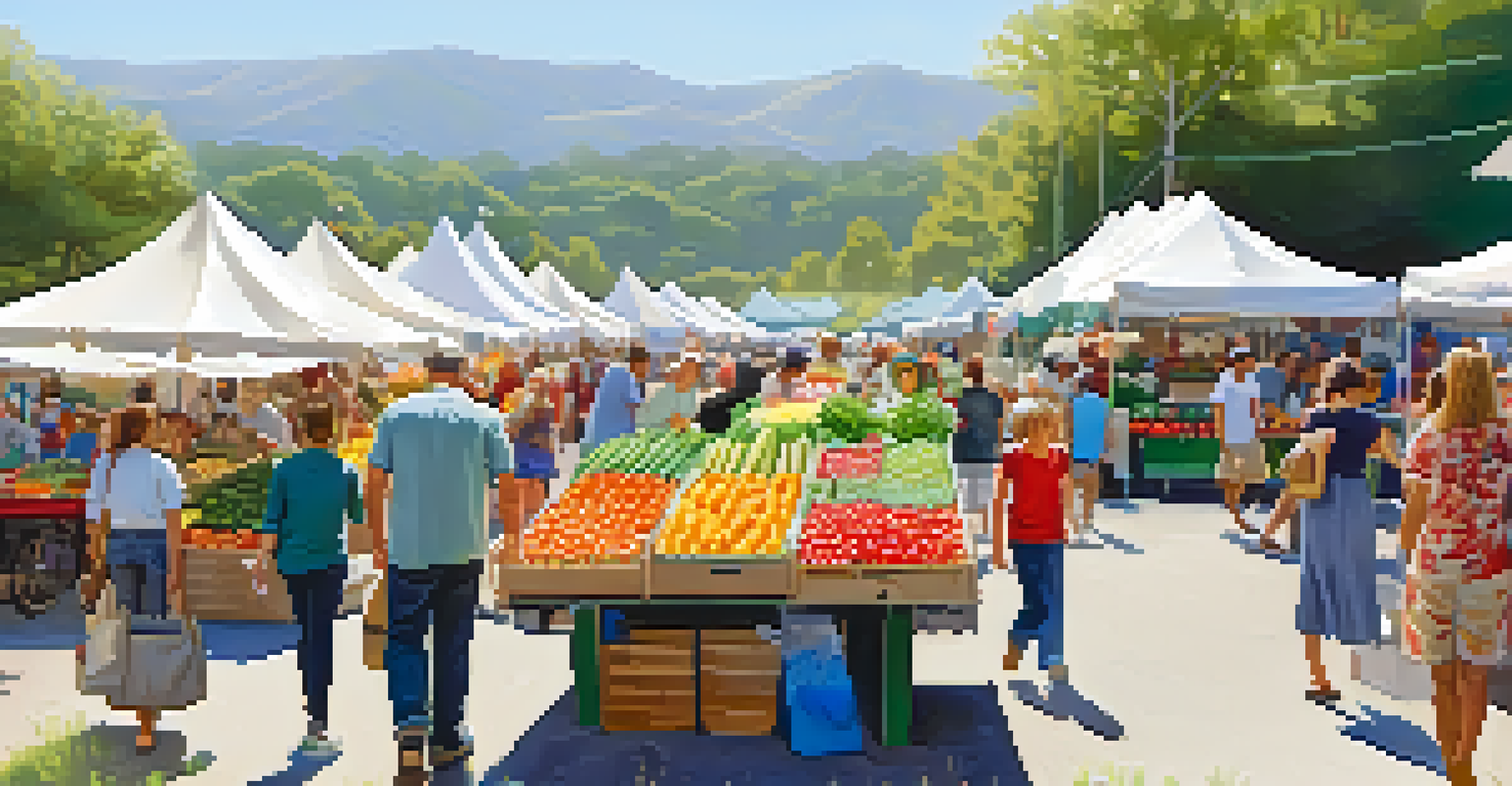 A lively outdoor farmer's market with people, fresh produce stalls, colorful tents, and families enjoying the atmosphere.