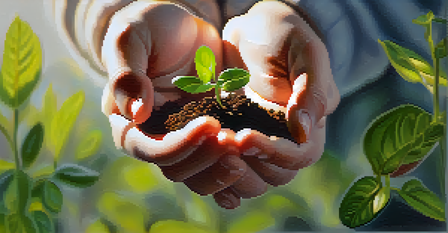 A close-up of a hand holding a small seedling in a sunny environment.
