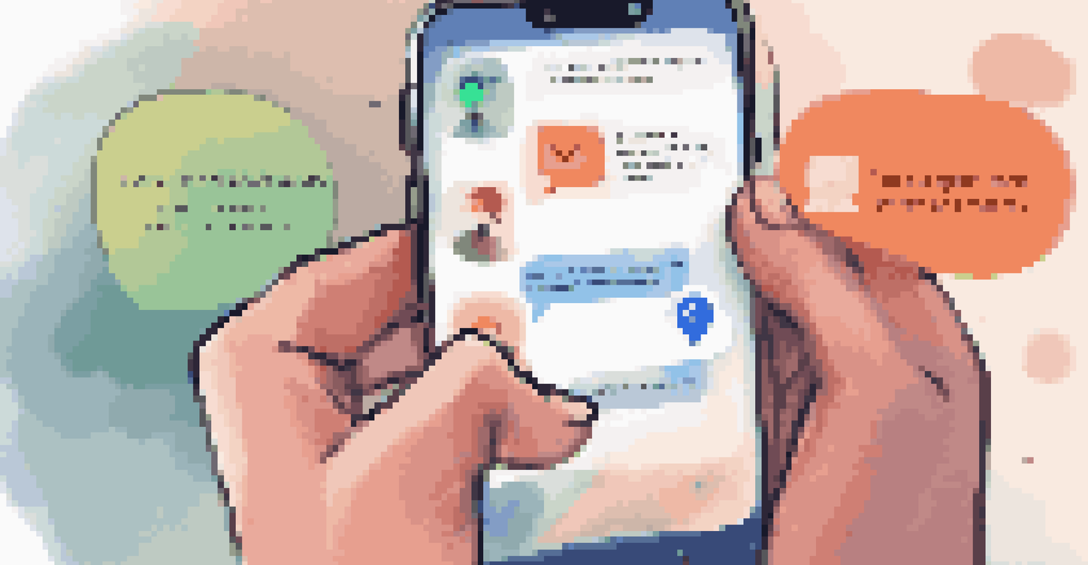 A close-up of a hand holding a smartphone displaying a messaging app with team collaboration messages.