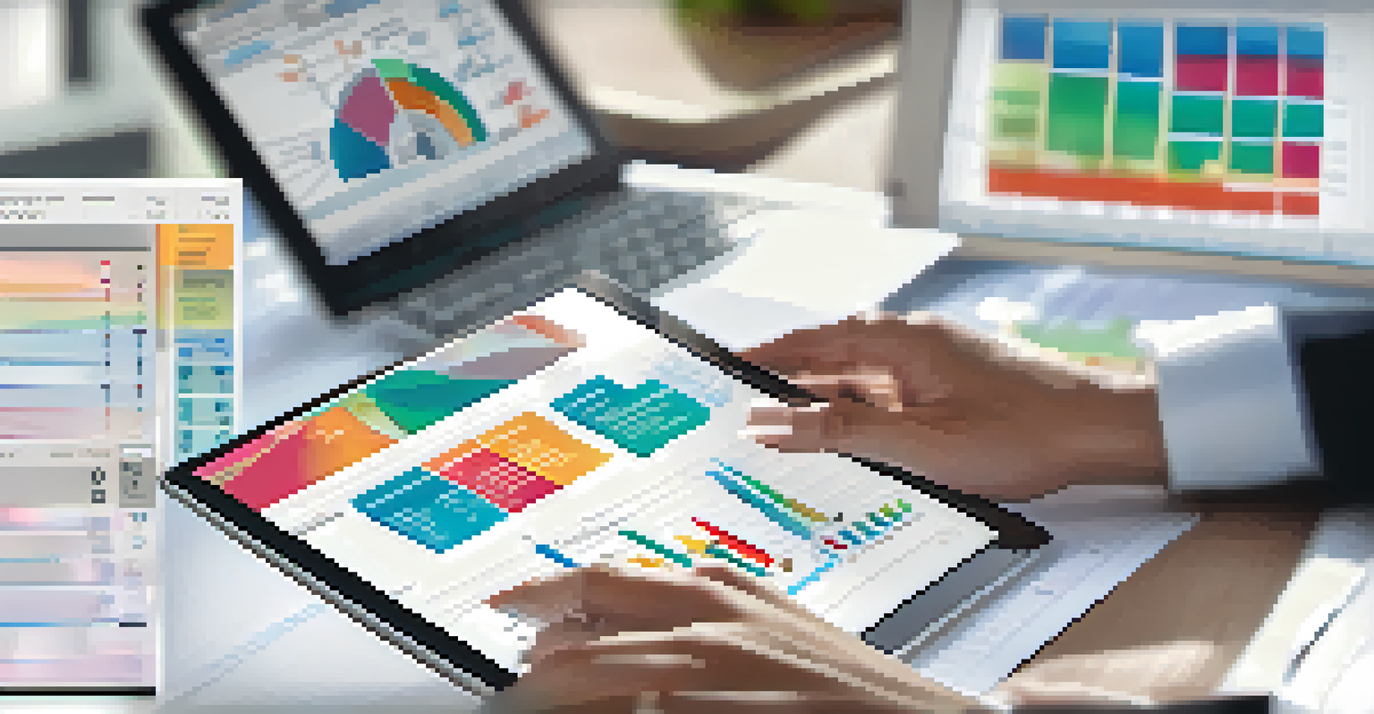 Close-up of hands using a tablet with project management software, showing colorful graphs and tasks, set against a blurred office background.