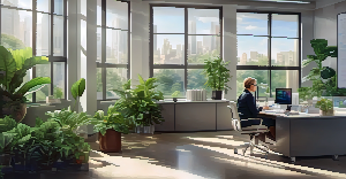 A woman in an office analyzing documents with data charts on the wall and plants around her.