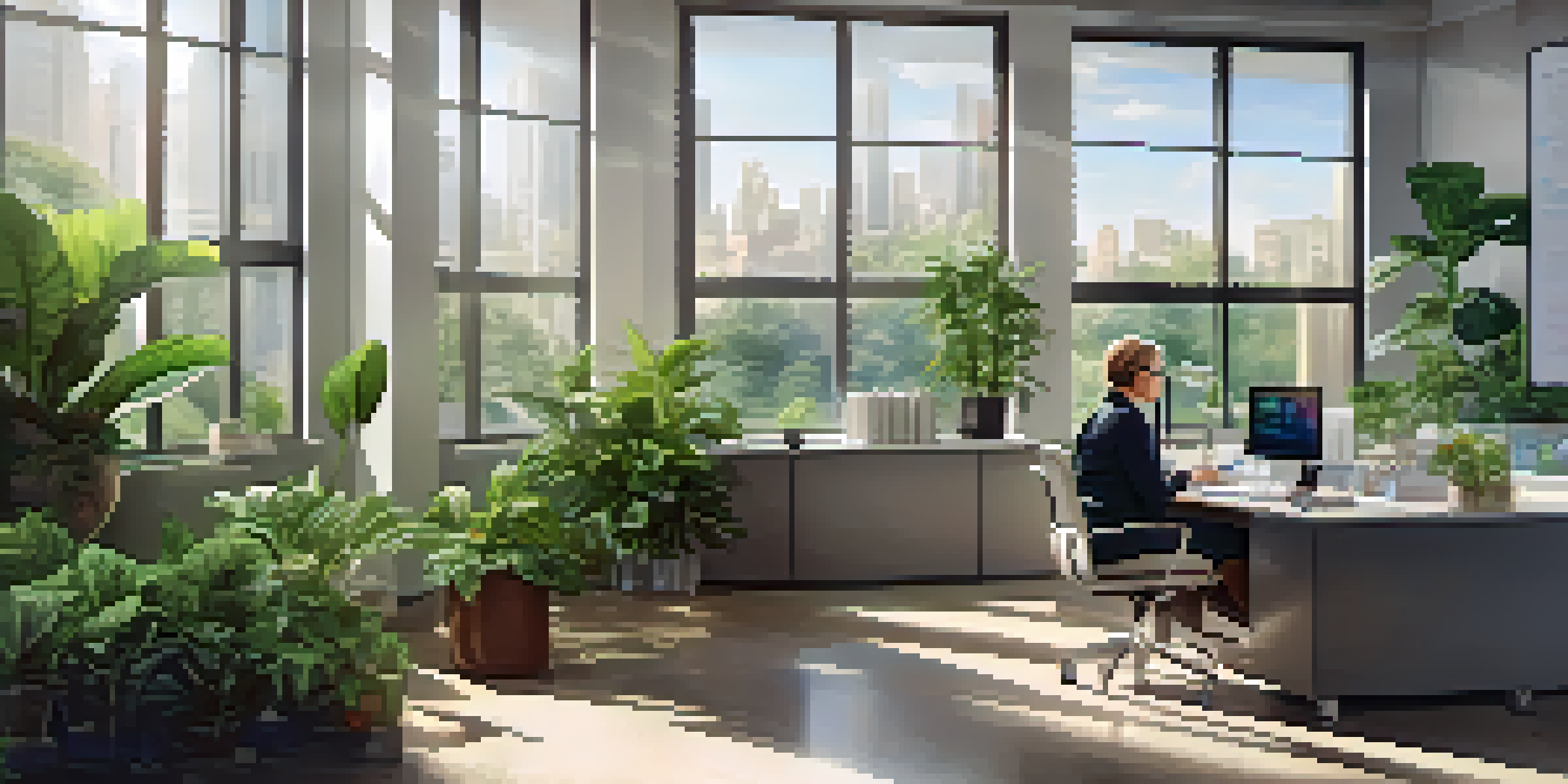 A woman in an office analyzing documents with data charts on the wall and plants around her.