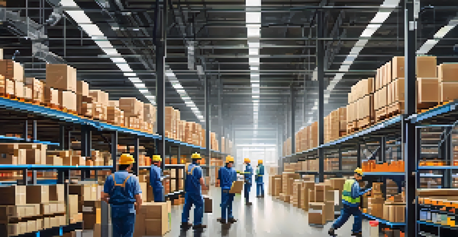 A busy warehouse with shelves of products, workers using technology, and automated machines.