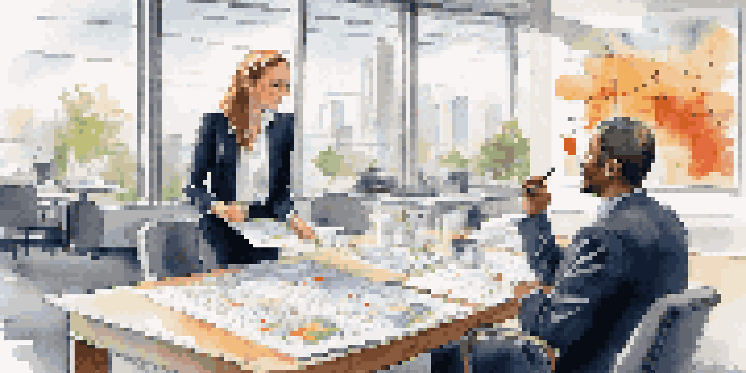 Two business professionals in a modern office discussing charts and graphs, symbolizing collaboration.