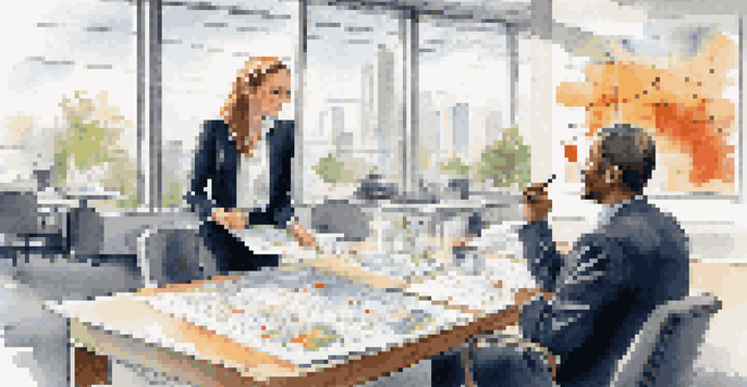 Two business professionals in a modern office discussing charts and graphs, symbolizing collaboration.