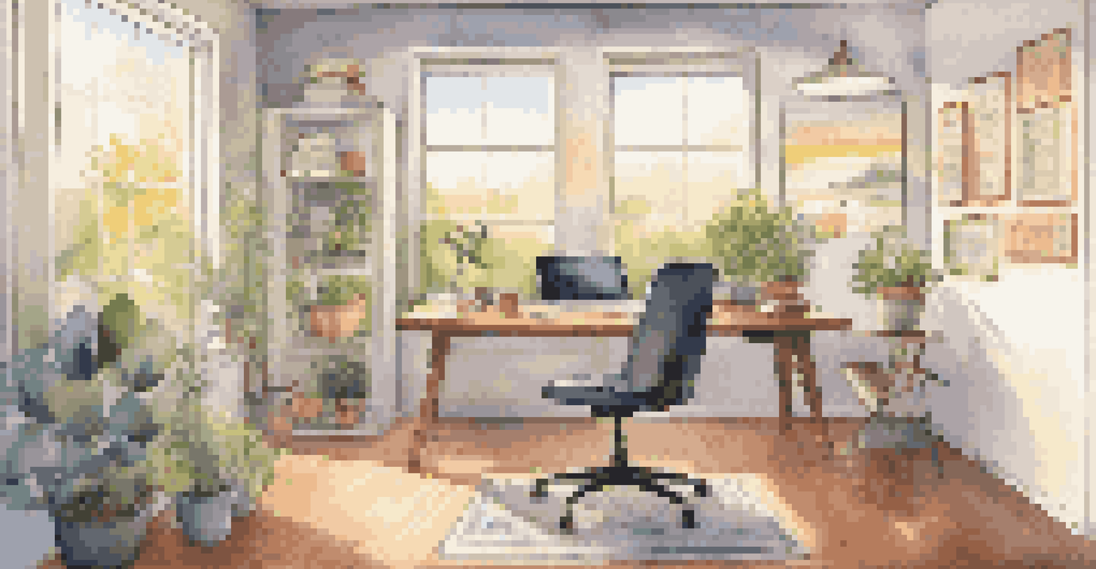 An inviting workspace with a standing desk and a yoga ball chair, featuring a person stretching in a warm, motivational environment.