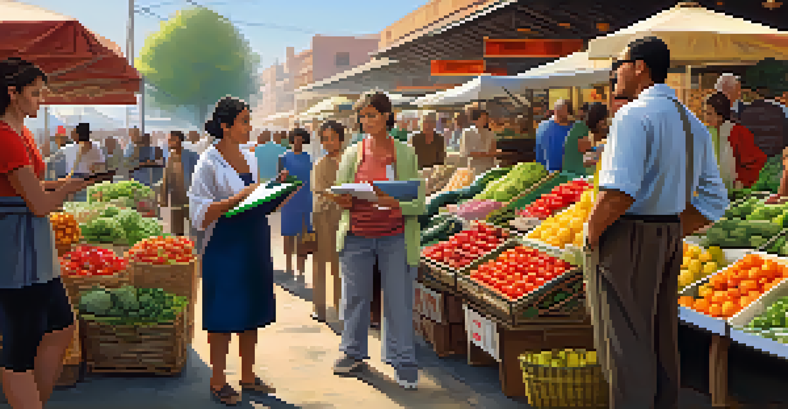 A researcher conducting a survey outdoors in a market, interacting with diverse consumers while holding a clipboard.