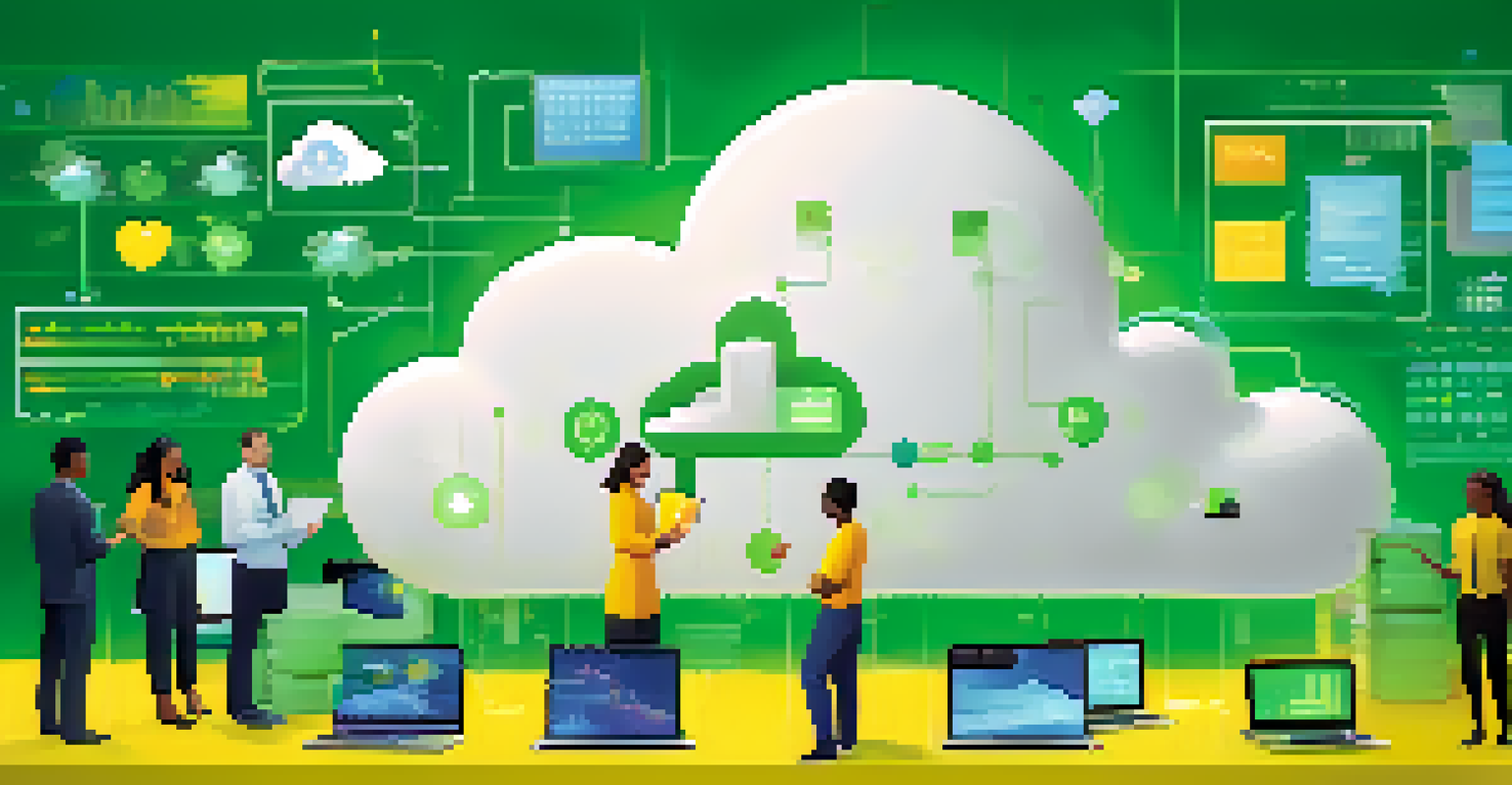 A futuristic depiction of cloud-based data storage with a digital cloud filled with data source icons and professionals analyzing data on devices.