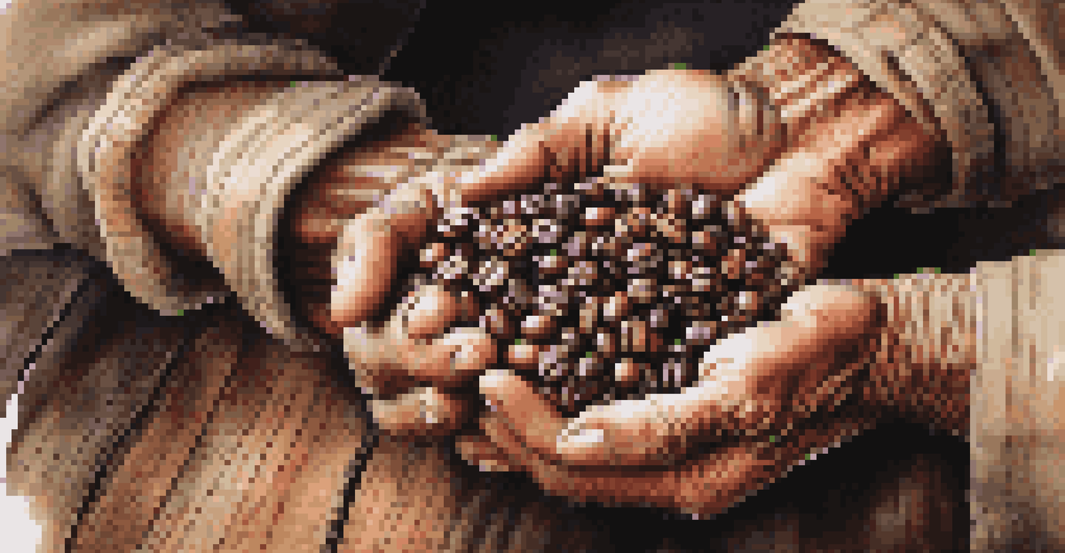 A close-up of a farmer's hands holding coffee beans, highlighting texture and dedication.